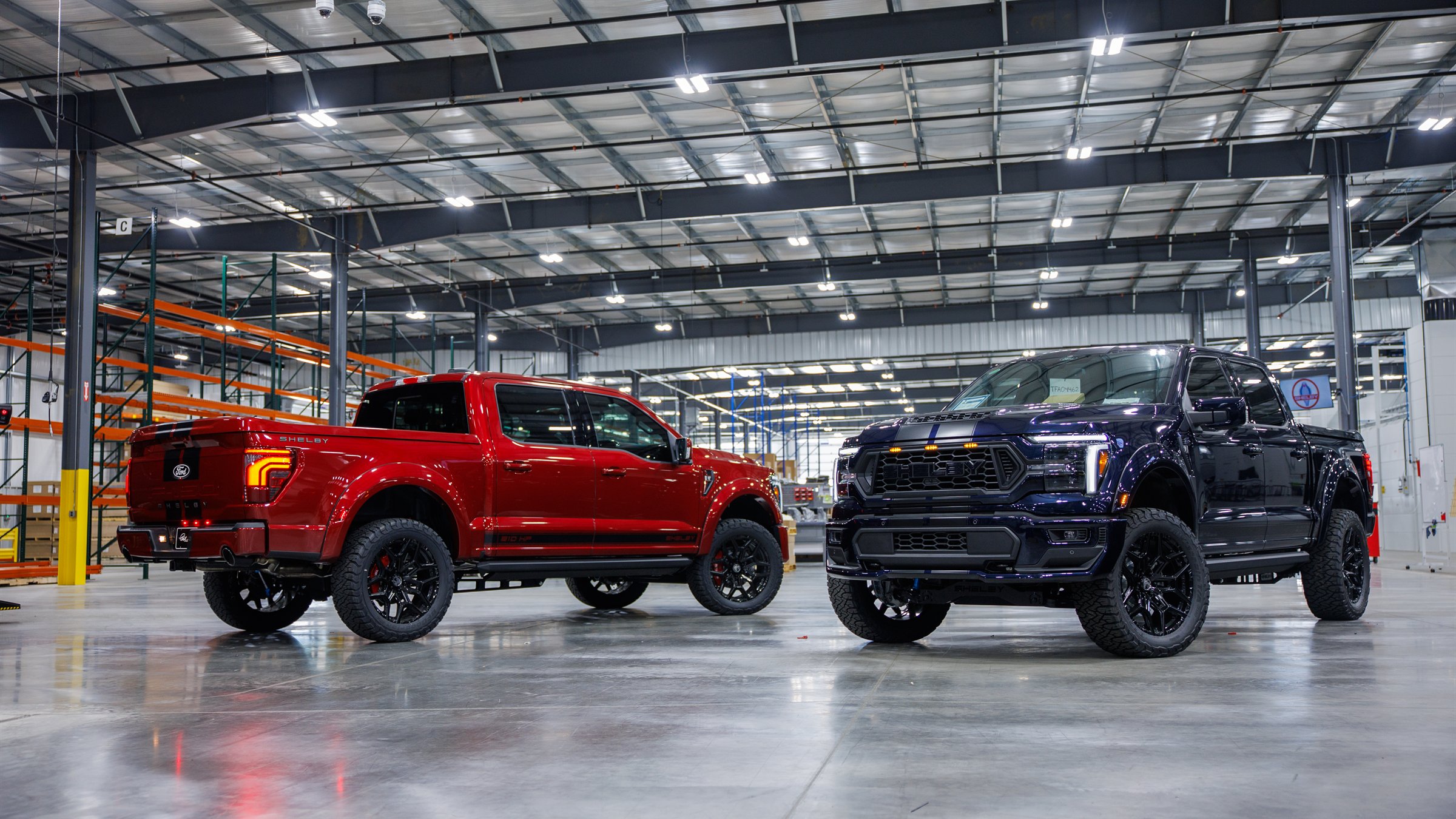 Completed Shelby trucks inside a Shelby Performance facility